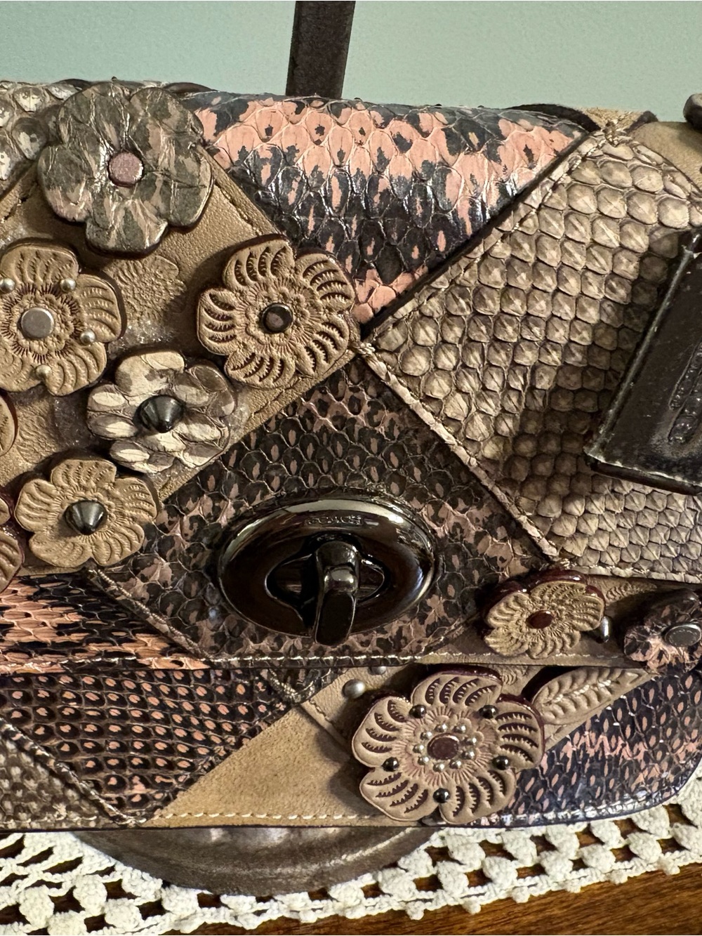 Coach Bowery Tea Rose Snake Embossed Patchwork Crossbody